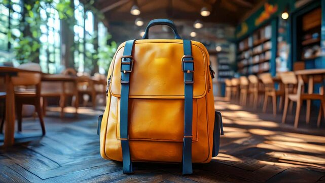 A stylish yellow backpack rests on the wooden floor of a cozy library, surrounded by warm natural light