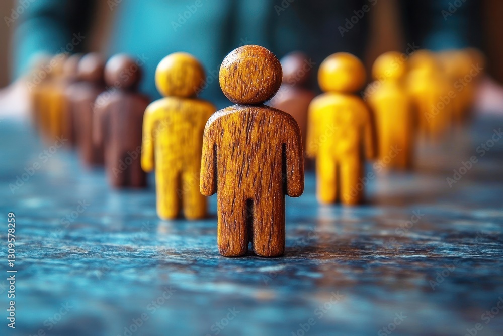 Poster wooden figurines of diverse colors arranged in a creative pattern on a surface representing unity, t