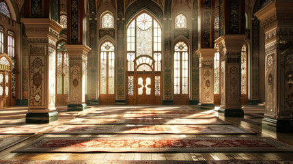 Majestic mosque interior with intricate designs and sunlight