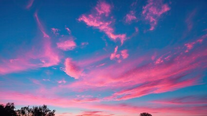 Fototapeta premium Vibrant sunset sky with hues of pink and purple, scattered clouds in a serene atmosphere