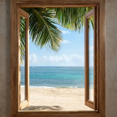 Stunning View of Handcrafted Wooden Window Framing a Tropical Beach Scene with Palm Trees