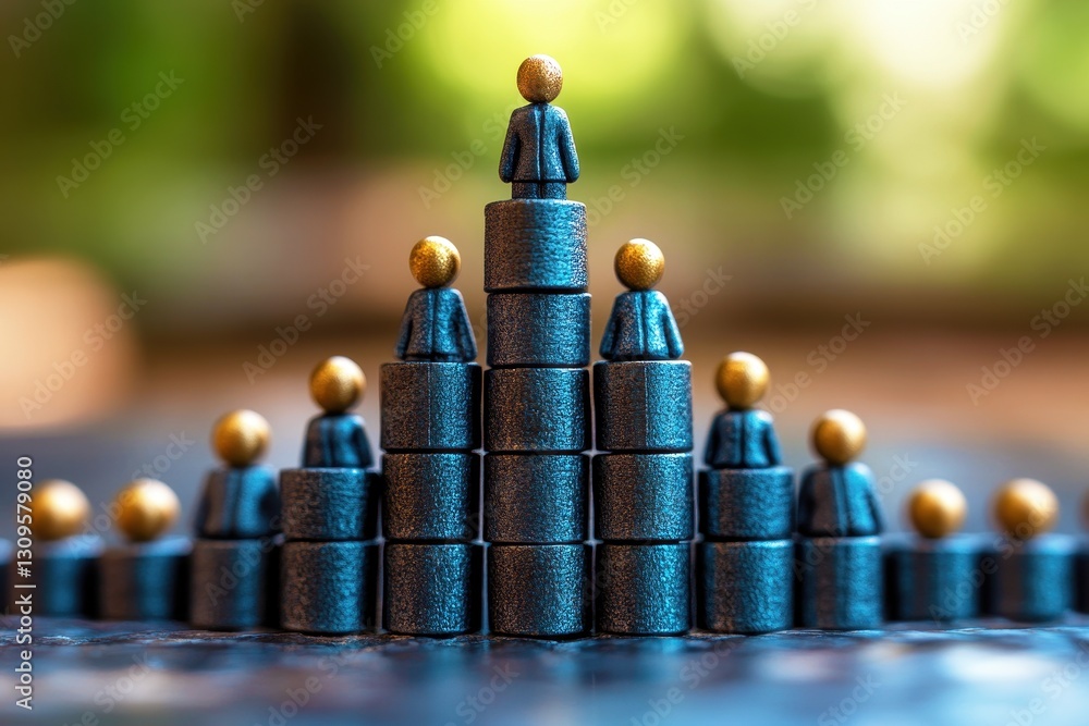 Poster conceptual image of human figures representing leadership and team hierarchy on a colorful blurred b
