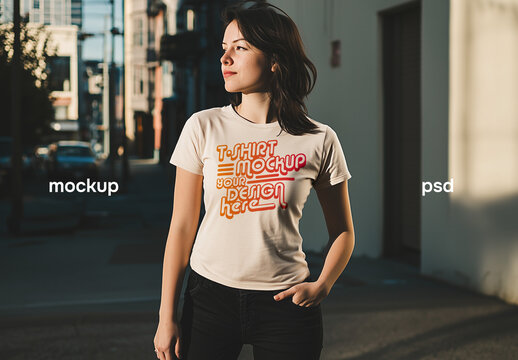 Outdoor t-shirt mockup with a woman wearing a t-shirt