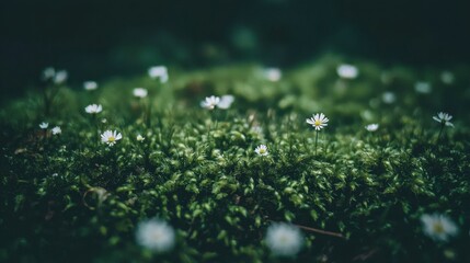 A dense forest floor covered in moss and dotted with tiny wildflowers