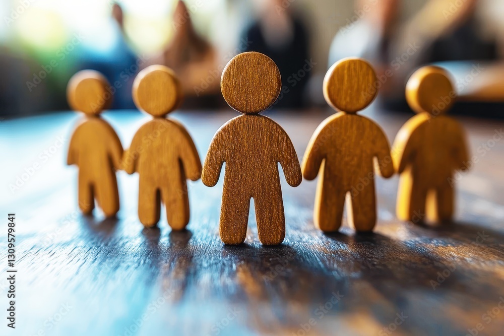 Poster group of wooden figures representing teamwork and collaboration in a business environment with blurr