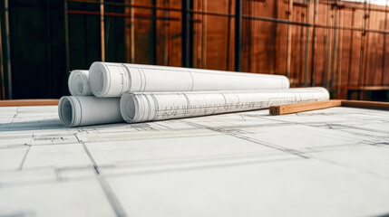 Close-up of an architectural blueprint with a yellow drafting pencil on top, set against an unfinished building under construction.