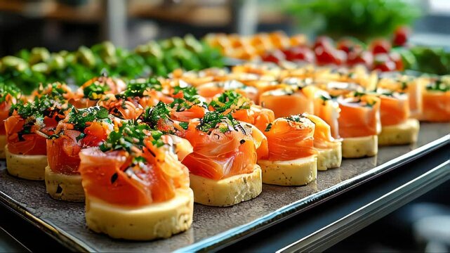 Elegant salmon canapes topped with fresh herbs on a serving platter, arranged in neat rows for a catering event