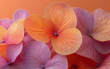 Obraz premium Close-up of peach and pink hydrangea blossoms.
