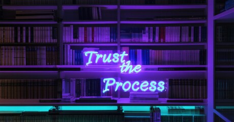 Neon sign trust process violet soft jade floating inside high rise loft casting reflections large bookshelf filled philosophy books