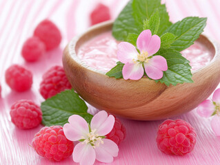 Healthy Food - Raspberry Yogurt and Flowers 