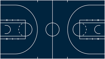 Top view of basketball court with white markings on dark background, vector illustration