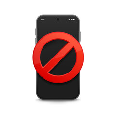 Smartphone with red prohibition sign isolated on white background, vector illustration. Device ban, prohibition on using mobile phone