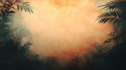 Naklejka premium Tropical sunset, misty jungle