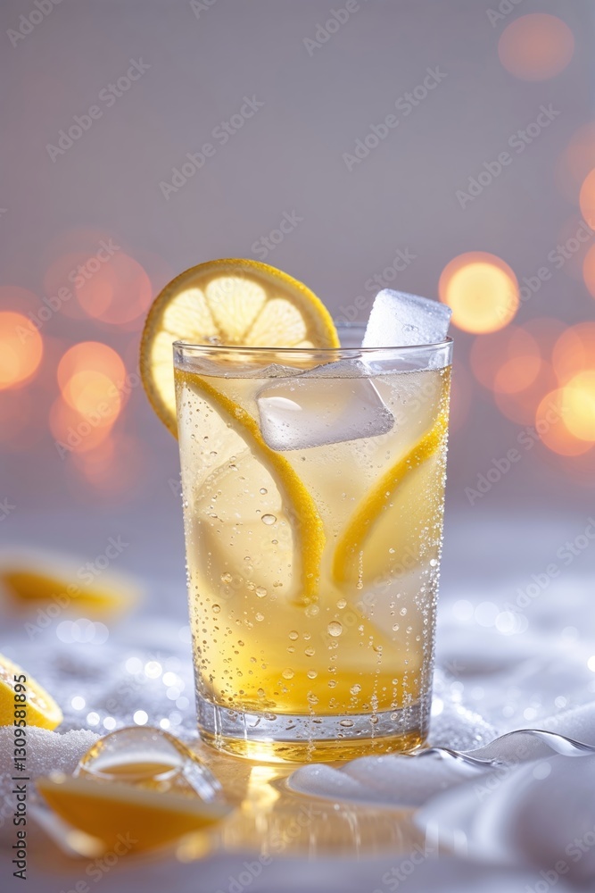 Poster refreshing lemonade drink garnished with lemon slices and ice cubes on a table with soft glowing bac