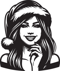 Woman Wearing Christmas Cap on Her Head - Black Vector Illustration