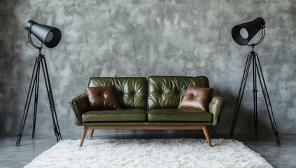 Modern Living Room, Leather Sofa, Concrete Wall, Industrial Style