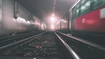 Subway train approaching in a dark tunnel.