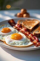 Delicious breakfast featuring sunny-side up eggs, crispy bacon, and toasted bread served with a warm ambiance