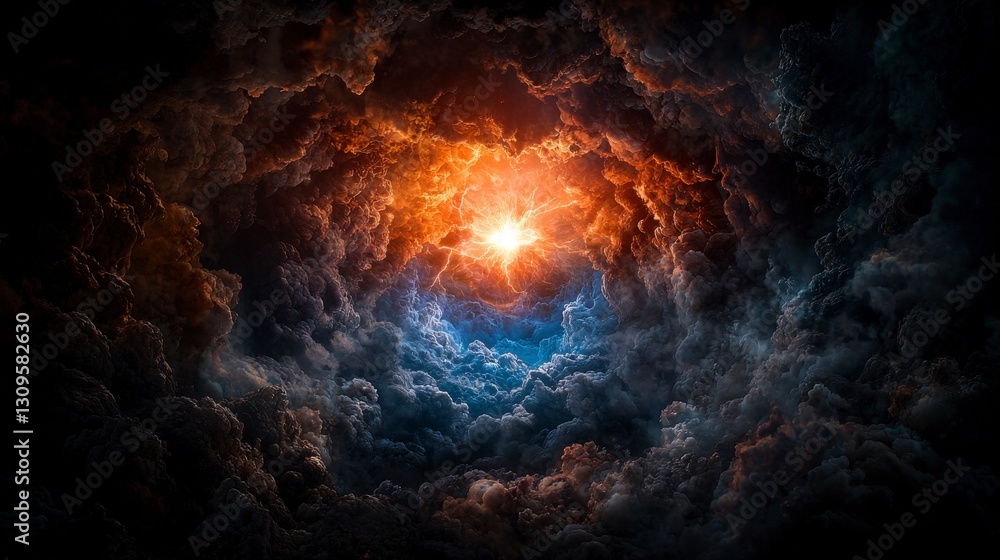 Poster aerial view of a celestial being's cosmic journey through chaos in a multidimensional surreal enviro
