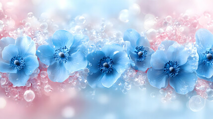 Blue flowers, bubbles, pastel background, spring