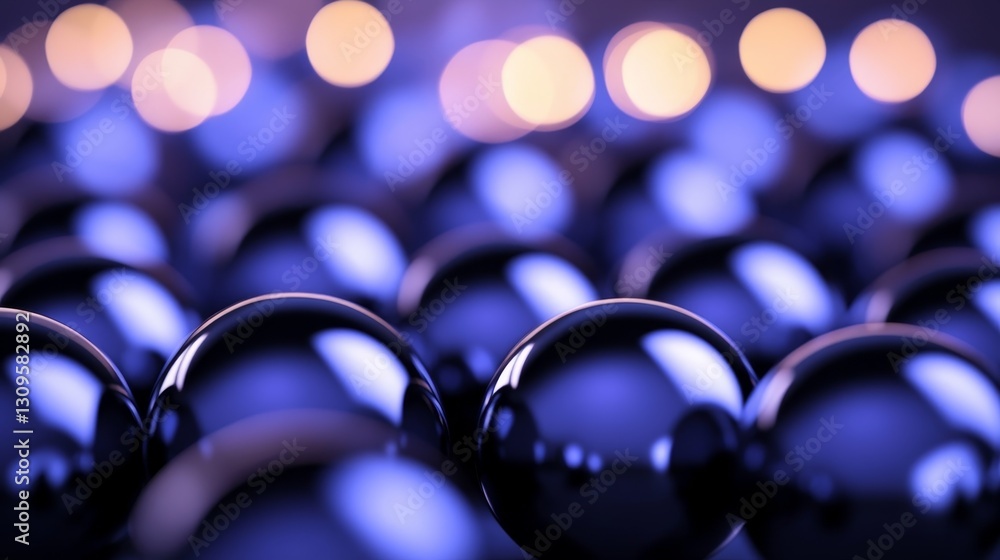 Poster close-up of glossy blue spheres arranged in a mesmerizing pattern with soft bokeh light in backgroun
