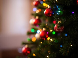Vibrant bokeh Christmas tree adorned with glowing ornaments and colorful lights, glowing ornaments, dynamic lighting