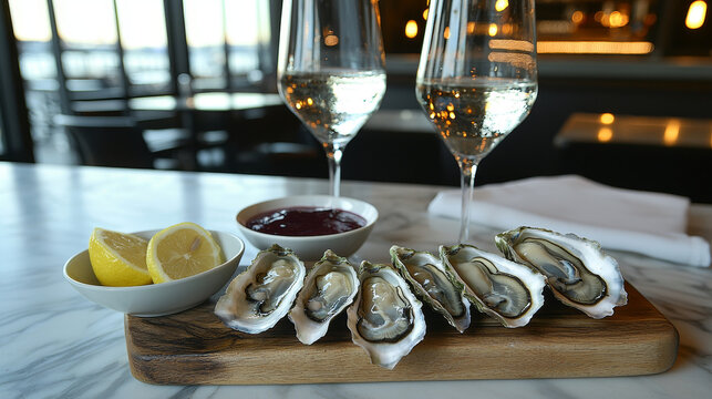 Fresh oysters, lemon wedges, and wine on a marble table