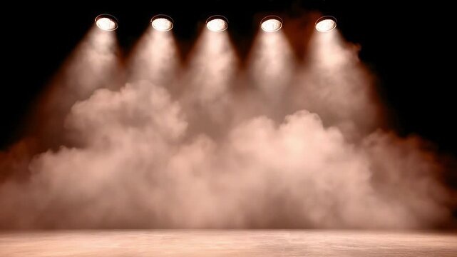 Smoke mist fog clouds filling an empty stage illuminated by spotlights in mocha mousse hue shade tone color