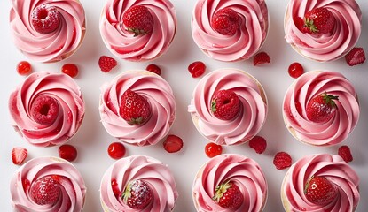 Twelve delicious cupcakes, each topped with a strawberry or raspberry, arranged in a grid pattern. Pink frosting swirls create a visually appealing treat.