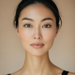  Asian woman in her late fourties have smooth cream to the cheek area on one side of her face,  Her skin texture is clear and smooth, without any imperfections or blemis