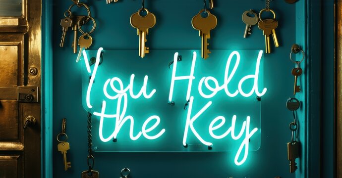 Naklejki Neon sign you hold key turquoise warm gold glowing inside antique locksmith shop softly reflecting brass keys vintage doors