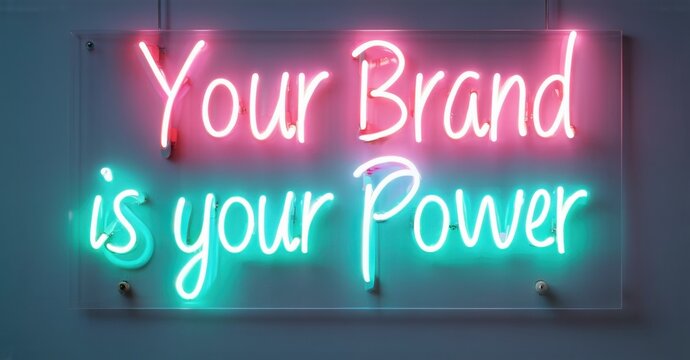 Neon sign your brand is power cyan soft jade glowing inside luxury branding agency casting reflections glossy presentation slides