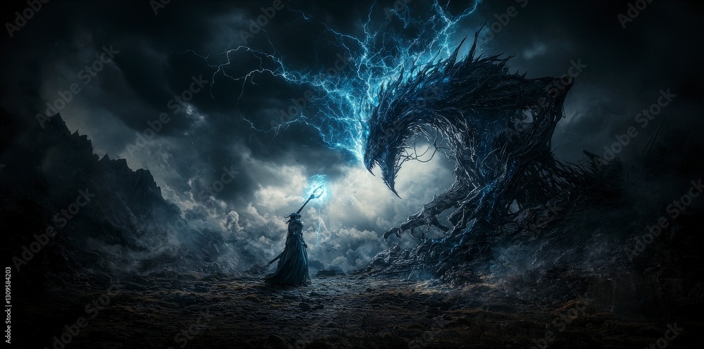 Poster celestial warrior confronts dark beast in stormy realm of shadows digital art fantasy environment ep