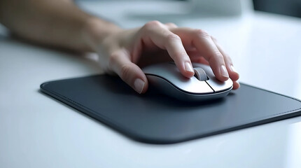 close-up, top-down view: A relaxed, pale-skinned hand with trimmed fingernails and a few scattered hairs on the back, rests naturally on a sleek, silver computer mouse with a subtle sheen, while worki