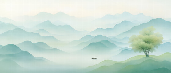 Fototapeta premium Misty Mountains and Solitary Tree