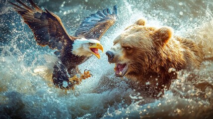 Eagle and Bear Showdown, a dramatic confrontation between a majestic eagle and a formidable bear, representing the intense rivalry and contrasting might of two nations.