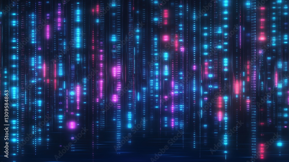 Poster Futuristic digital data rain with glowing binary code falling on a dark background. Abstract cyber network concept featuring neon light particles, large numbers, and technology matrix effect in blue, 