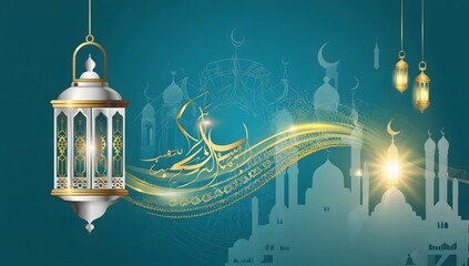 Eid mubarak islamic design hanging ramadan candle lantern and mosque  Abstract background animation .