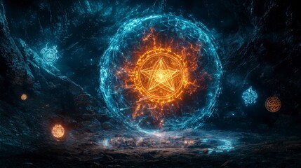 Ancient symbols unleashed mystical dimension digital art fantastical environment surreal viewpoint ethereal concept