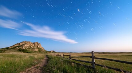 Star trails over grassy plains and a rock formation at night. A dirt path leads towards the rocks, beside a wooden fence.