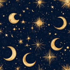 Naklejka premium Celestial themed seamless pattern featuring golden moons, suns, and stars against a deep blue background