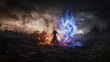 Fototapeta premium Celestial warrior trains amidst ruins in a desolate field fantasy art with dark elements dramatic viewpoint