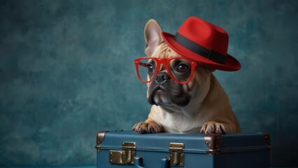 dog in a hat and with a suitcase. generated ai