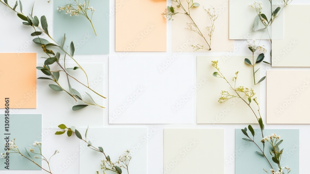 Poster overhead view of floral arrangements on a background of pastel squares with blank space for text