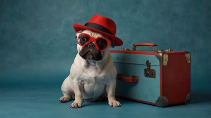 dog in a hat and with a suitcase. generated ai