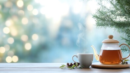 Fototapeta premium Steaming hot tea in glass teapot and cup on wooden table near window with blurred Christmas lights and pine branch background.