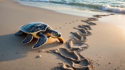 Sea turtle crawling on sandy beach leaving footprints in the wet sand with gentle waves in the background