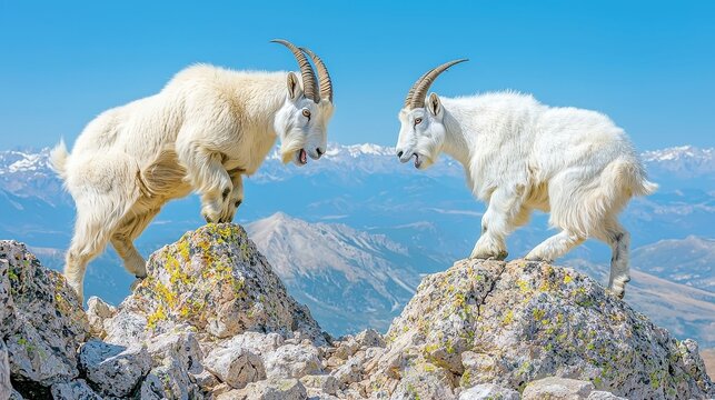 Mountain Goat Clash, Two mountain goats engage in a fierce headbutt on a rugged hillside, showcasing their strength and determination in the wild landscape.