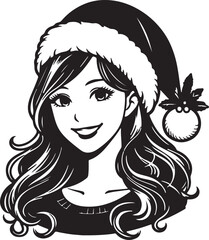 Woman Wearing Christmas Cap on Her Head - Black Vector Illustration