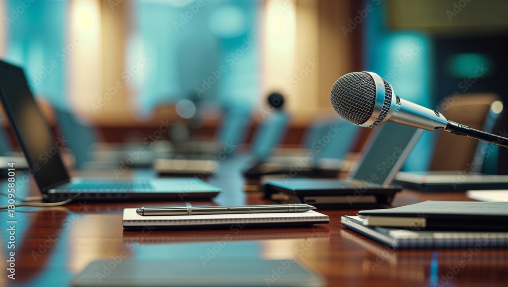 Poster meeting setup with microphone and laptops arranged on a conference table in a modern office setting